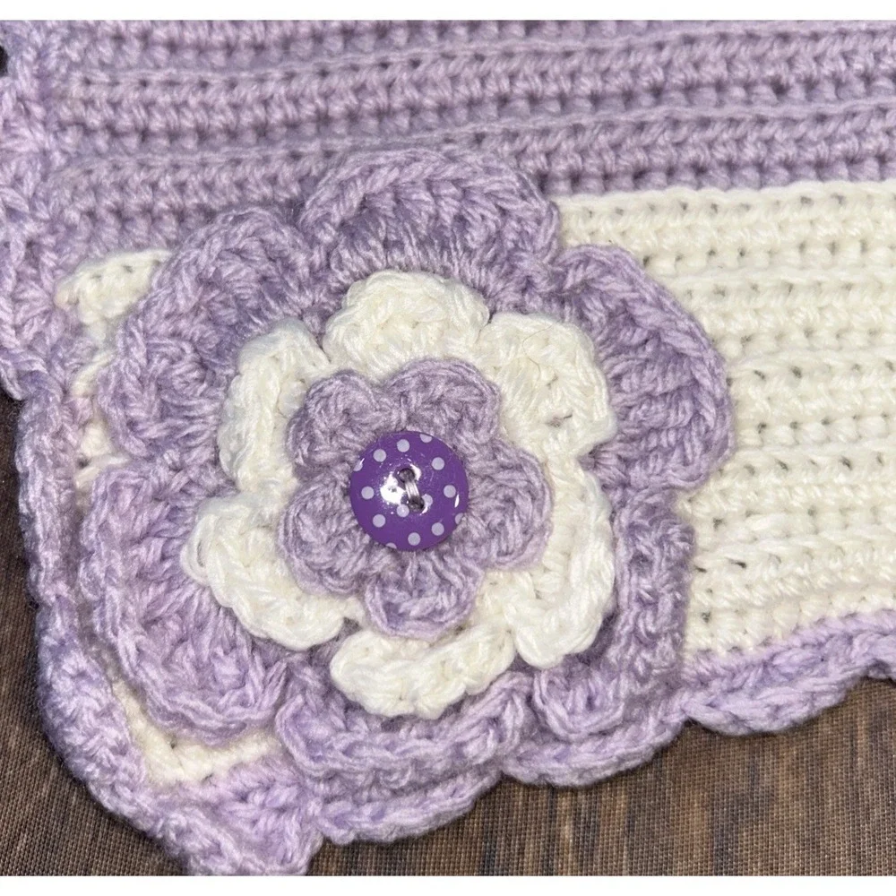 Crocheted Baby Blanket Handmade Lilac/White Stripe Crocheted Flower Accent 29x26